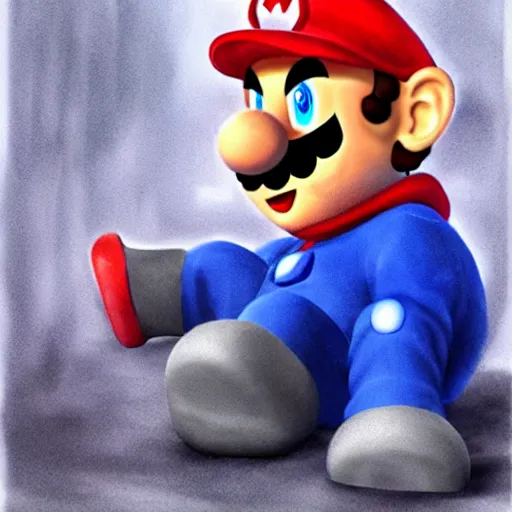 Prompt: depressed Mario in a blue hoodie on the rain, matte painting, realistic, sad, emotional, powerful