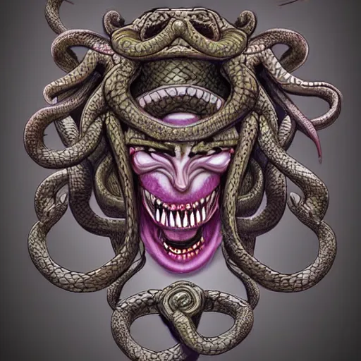 Image similar to torquoise fantasy fanged medusa, medusa head, snake heads, medusa head, snake heads, medusa head, snake tongue, snake tongue, snake tongue, snake tongue, snake tongue, snake tongue,, snake eyes, hair made of snake eyes, fantasy game art, fantasy rpg, league of legends