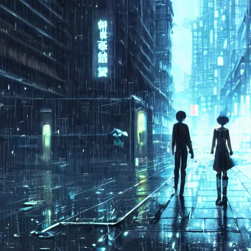 Image similar to android cyborg in urban dystopia makoto shinkai raining