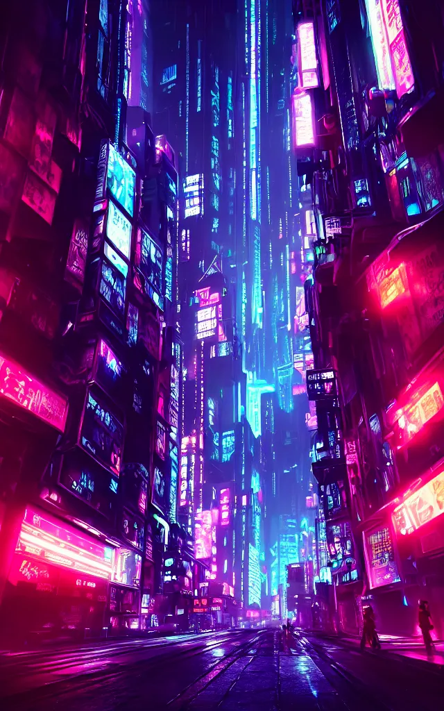 Prompt: concept art of a magnificent dark neon futuristic cyberpunk city bustling street at night cyberart in the style of liam wong in the film akira rendered in octane, 3 d render, trending on cgsociety, blender 3 d, displacement mapped,