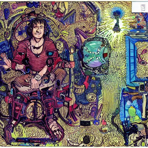 Image similar to the inner self of mark zuckerberg, clockwork engine, psychedelic, lsd, spiritual, mystical, epic beautifully detailed pen, ink and copic markers drawing by milo manara