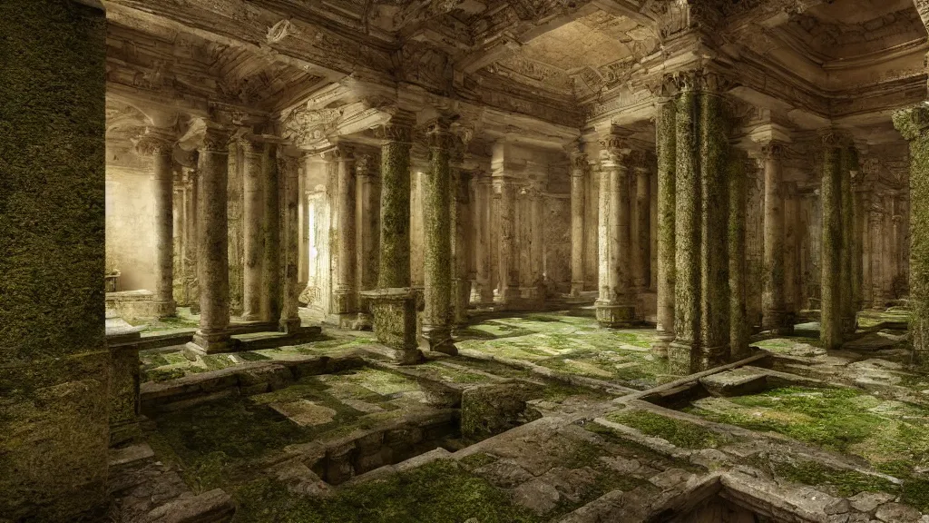 Image similar to roman bath, marblefloor, golden snakes, mossy pillar, ruin, godrays, cgsociety,