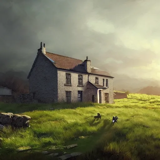 Image similar to small irish homestead in the countryside, 4 k, concept art, by wlop, ilya kuvshinov, artgerm, krenz cushart, greg rutkowski, pixiv. cinematic dramatic atmosphere, sharp focus, volumetric lighting, cinematic lighting, studio quality