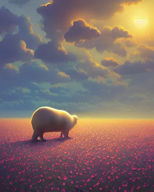 Prompt: white capybara!! looking at the sun in a flower field, surreal photography, sunrise dramatic light, impressionist painting, colorful clouds, digital painting, artstation, kilian eng, john harris, bastien lecouffe - deharme, simon stalenhag, flower face