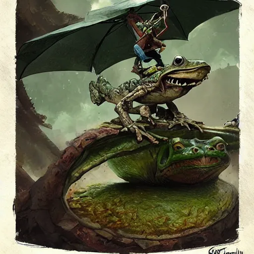 Prompt: Crazy goblin rides on a giant frog, by greg rutkowski, in the style of magic the gathering, very detailed