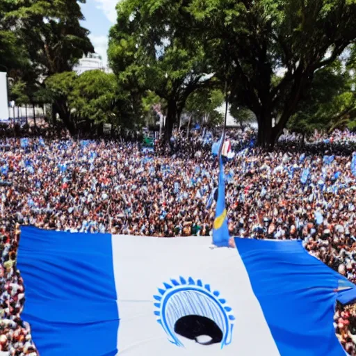 Image similar to Lady Gaga as president, Argentina presidential rally, Argentine flags behind, bokeh, giving a speech, detailed face, Argentina