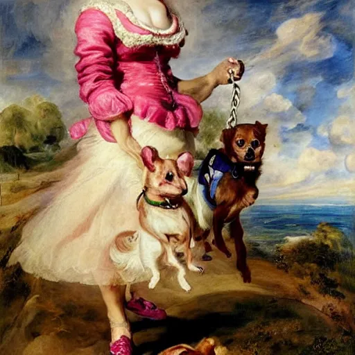 Prompt: heavenly summer sharp land sphere scallop well dressed lady walking her little pink chihuahua by the leash, auslese, by peter paul rubens and eugene delacroix and karol bak, hyperrealism, digital illustration, fauvist, walking her little pink chihuahua by the leash