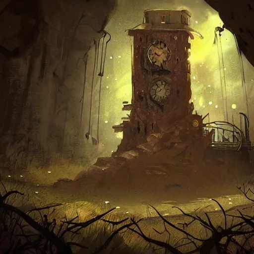 Image similar to an abandoned old,rusty, claimed by nature clock tower in a dark enormous cave, painting, illustration, Concept art, art station, DeviantArt