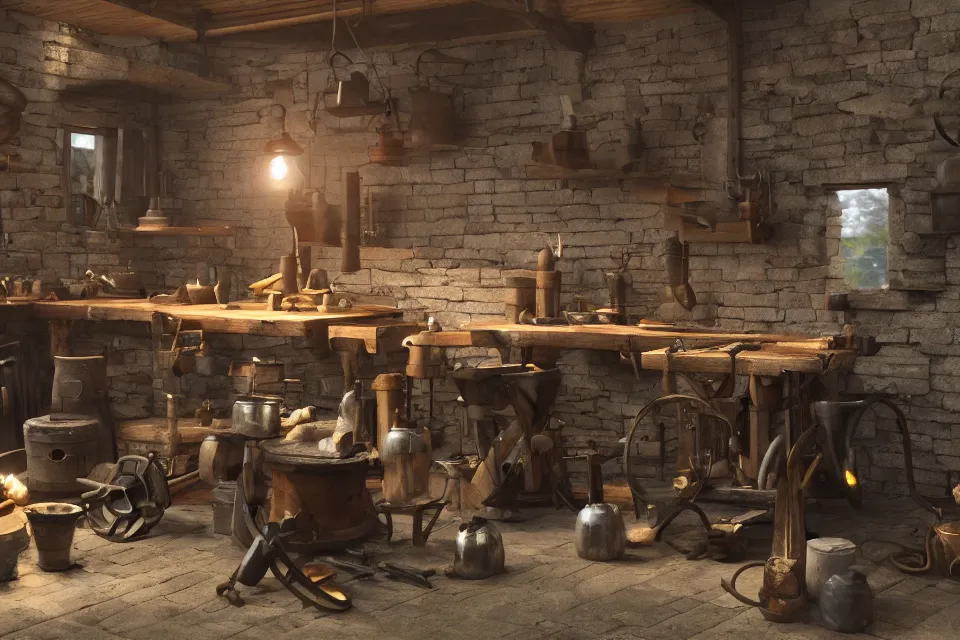 Prompt: blacksmith, smithy forge, smelting furnace, medieval, anvil, hammers and metal ingots on table, single window, realistic, cinematic lights, concept art, 8 k