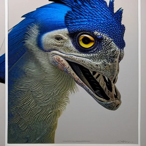 Prompt: a detailed oil painting of a crocodile blue jay hybrid, intricate, trending on artstation, well - lit, by michael whelan, james gurney, and donato giancola - w 7 0 0