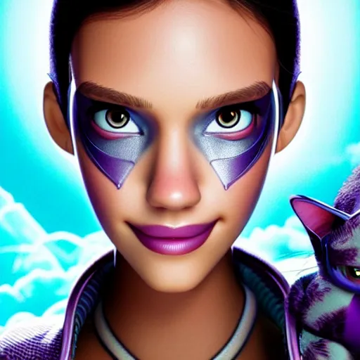 Image similar to pixar movie poster portrait photo : : of jessica alba as cat cyborg woman designed by weta workshop : : artstation, unreal engine : : rave makeup, pearlescent, sweaty, morning, vogue cover