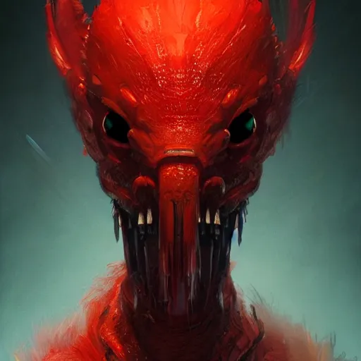 Prompt: realistic portrait of a grox from spore, red furry cyborg creature with one robotic eye, round head, pointy ears, dramatic lighting, illustration by greg rutkowski, yoji shinkawa, 4 k, digital art, concept art, trending on artstation