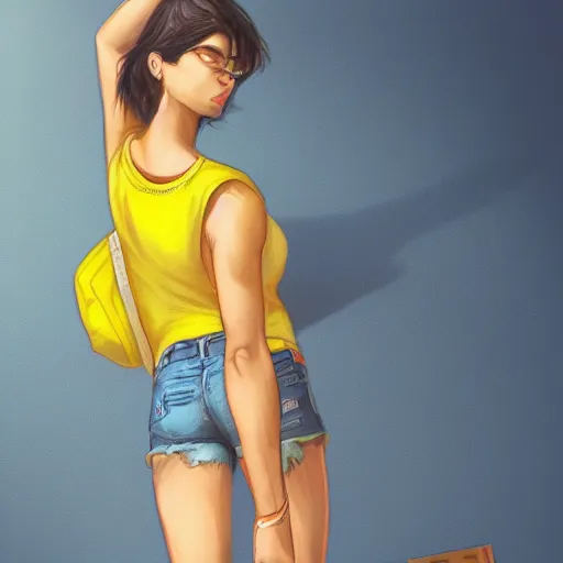 Image similar to young hyderabadi american woman wearing denim short shorts and yellow tank top, highly detailed, artgerm style, artstation, soft light, sharp focus, illustration, character design, concept art