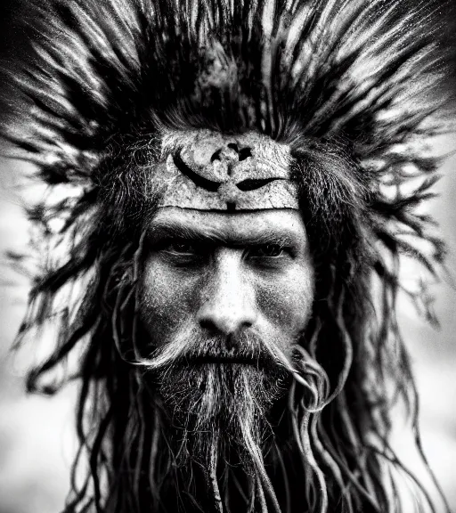 Prompt: Award winning Editorial photograph of Early-medieval Scandinavian Folk monsters with incredible hair and beautiful hyper-detailed eyes holding a battle-axe, wearing traditional garb in a thunderstorm by Lee Jeffries, 85mm ND 4, perfect lighting, gelatin silver process