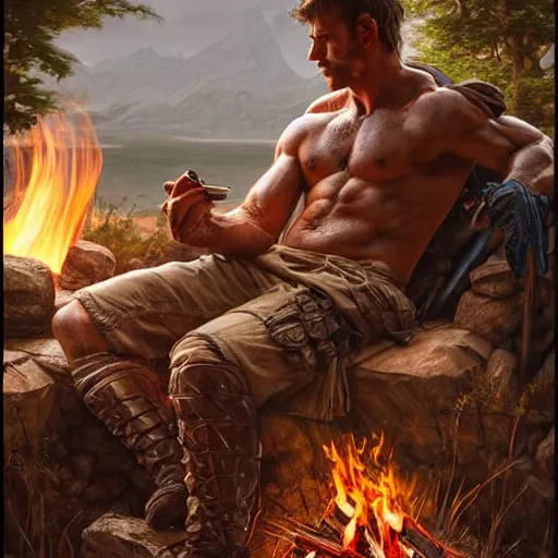 Image similar to Rugged male rangers relaxing by the fire, relaxed, D&D, muscular, after hunting, upper body, fantasy, intricate, elegant, highly detailed, digital painting, artstation, concept art, smooth, sharp focus, illustration, art by artgerm and greg rutkowski and alphonse mucha