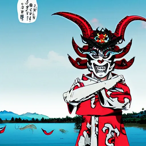Image similar to A devious teen with a unique hannya mask by kim jung gi, lake in the background