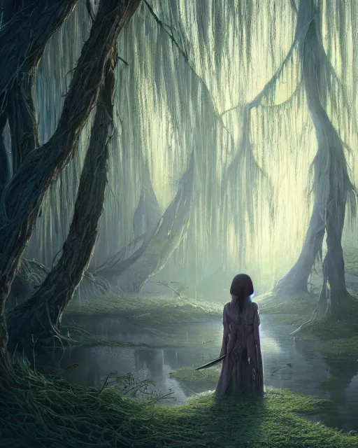 Image similar to highly detailed surreal vfx portrait of a cursed dagger in a shadowy swamp by a willow tree, stephen bliss, unreal engine, greg rutkowski, loish, rhads, beeple, makoto shinkai and lois van baarle, ilya kuvshinov, rossdraws, tom bagshaw, alphonse mucha, global illumination, detailed and intricate environment