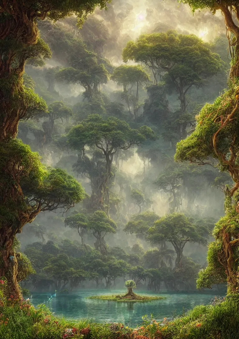 Image similar to beautiful hyper realistic detailed matte painting of fantasy tree of life in the middle of lake in garden of eden, hdr, by Moebius and John Howe and Albert Bierstadt and Alena Aenami, ultra detailed, high resolution