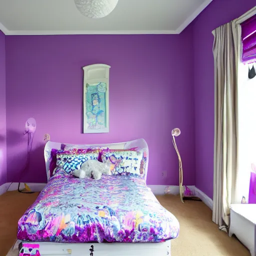 Prompt: The bedroom of a little girl who loves cats, purple and painting, with soft lighting