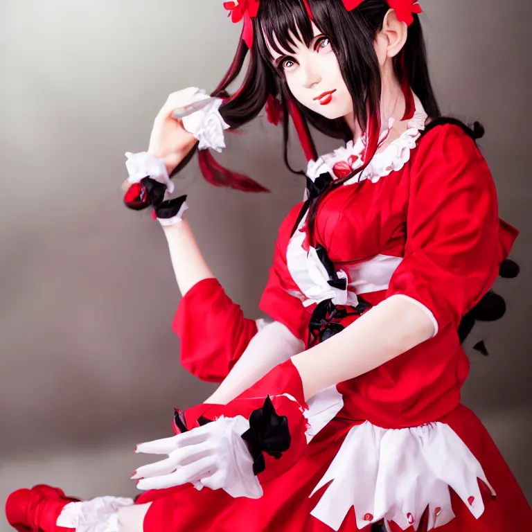 Image similar to beautiful reimu hakurei cosplay, beautiful professional photography, perfect human anatomy. Indoors, overhead lighting.