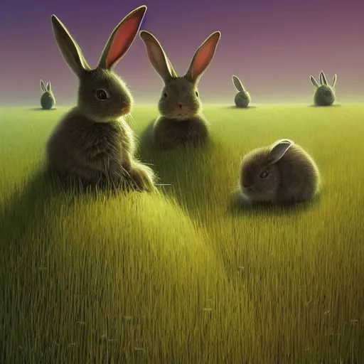 Image similar to adorable rabbits in verdant fields, delight! by zdzislaw beksinski and gediminas pranckevicius and tiffany bozic, cold hues, warm tone gradient background, concept art, beautiful composition, digital painting