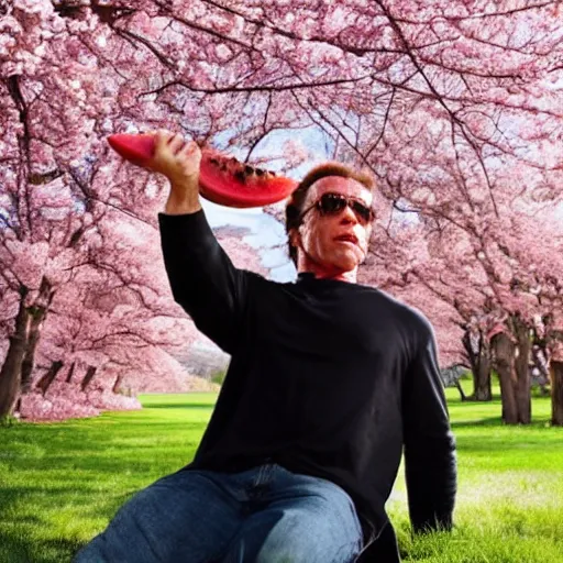 Image similar to photo, arnold schwarzenegger eats watermelon, japanese kimono, high heels, under sakura tree, camera on face