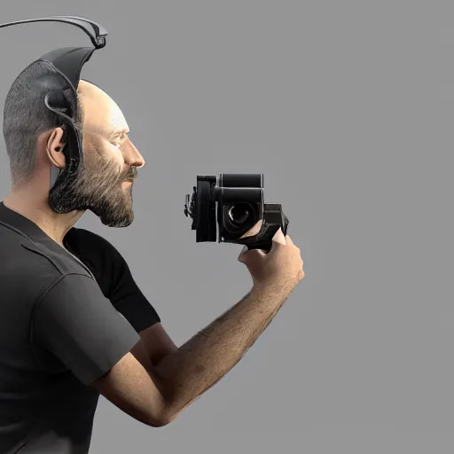 Prompt: a man with a camera attached to his head, a computer rendering by pascal blanche, featured on zbrush central, les automatistes, 8 k 3 d, dslr camera, rendered in cinema 4 d