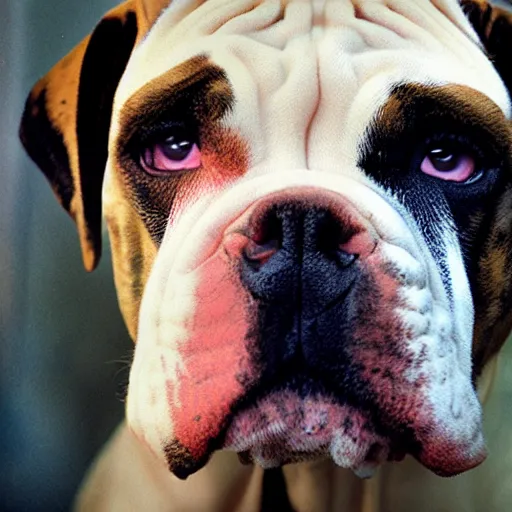 Image similar to portrait of american bulldog as afghan puppy, green eyes and red scarf looking intently, photograph by steve mccurry