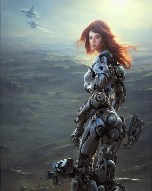 Prompt: daniel gerhartz and artgerm portrait digital rococo painting of a beautiful serious woman wearing a mecha suit, war torn battlefield in the background, glinting sunlight, unreal engine, hyper realism, realistic shading, cinematic composition, blender render, octane render, hdr, detailed textures, photorealistic, wide portrait shot, 3 5 mm film