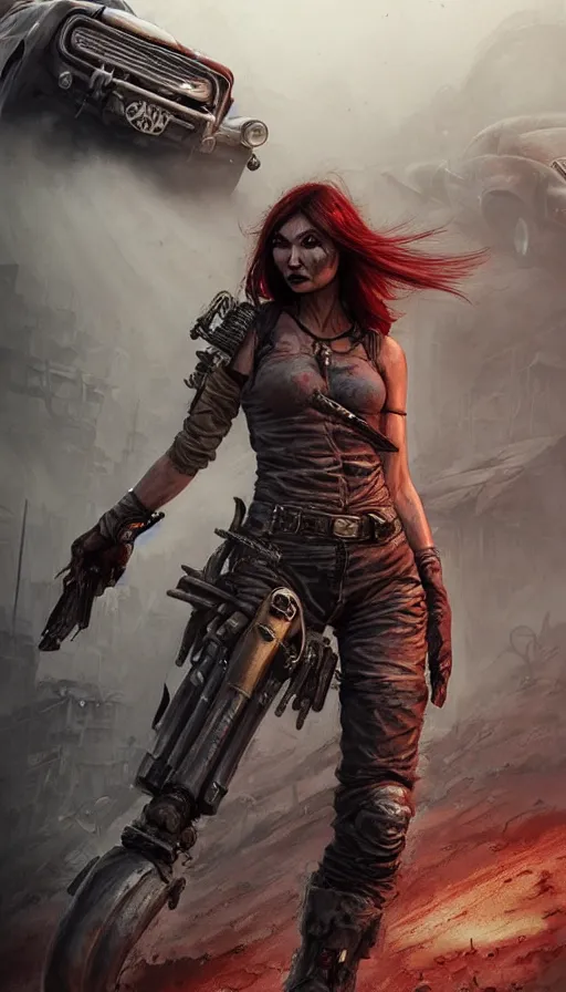 Prompt: road warrior, gemma chan beautiful girl, postapocalyptic, muscle cars, weapons, mad max, b - movie, made by stanley artgerm lau, wlop, rossdraws, james jean, andrei riabovitchev, marc simonetti, yoshitaka amano, beksinski artstation, cgsociety