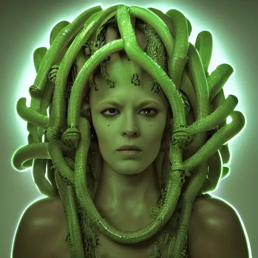 Image similar to portrait photo of a robotic gorgon medusa with borg implants, highly detailed, unreal 5 nanite, path tracing illumination, cinematic quality, 8k