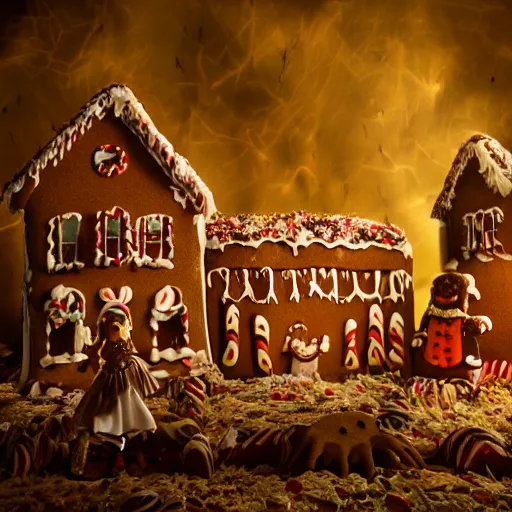 Image similar to cinematic photo of the creatures living inside of a haunted gingerbread house