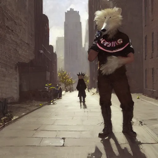 Image similar to new york city portrait of furry anthro anthropomorphic white wolf head animal person fursona wearing clothes police uniform in the alley, sunny day, digital art by Nerdrum John, William Waterhouse, Winslow Homer, Alex Heywood, Jordan Grimmer, Darren Quach, Greg Rutkowski, Simon Stalenhag, trending on Artstation, CGSociety