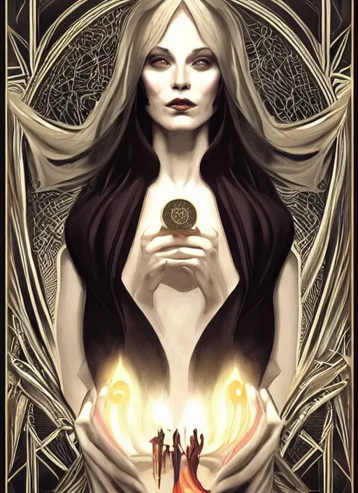 Image similar to tarot!!, high priestess, no noise, elegant, concept art, sharp focus, beautiful face!!, digital art, smooth defined outlines!!, human anatomy, human structure, vector background, dark fantasy, by Brom, trending on Artstation, Tom Bagshaw, Sargent