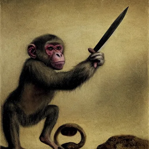 Prompt: Clever monkey with a long knife, very detailed and colorful, by Santiago Caruso, by Odd Nerdrum, by Francisco Goya, beautiful, eerie, surreal, psychedelic