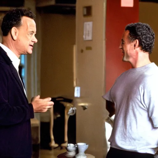 Image similar to tom hanks having a friendly conversation with tom hanks, candid photography