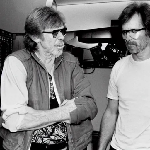 Image similar to harrison ford and john carpenter talking, 1 9 8 0 s photography