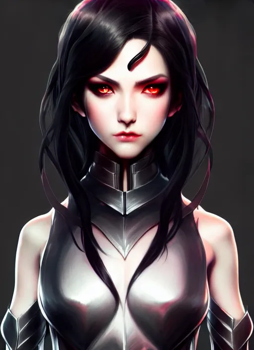 Image similar to full plate armor!!! beautiful and elegant dark hair female vampire!! gorgeous ayes!! character concept art, sharp focus, octane render! unreal engine 5! highly rendered!! trending on artstation!! detailed linework!! illustration by artgerm, wlop, and chie yoshii