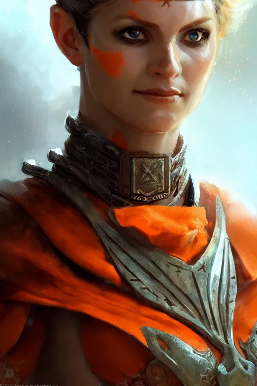 Image similar to full - body portrait of a ranger, female, white and orange breastplate, magical, high fantasy, d & d, by craig mullins, face details, extremely detailed, digital illustration