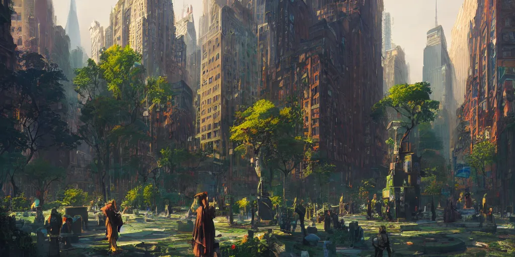 Prompt: a fantasy solarpunk statue of new york city, landscape illustration by greg rutkowski, bright sunlight, sun glints, vivid and colorful trees and plants and flowers, smooth digital concept art, 4 k, trending on artstation
