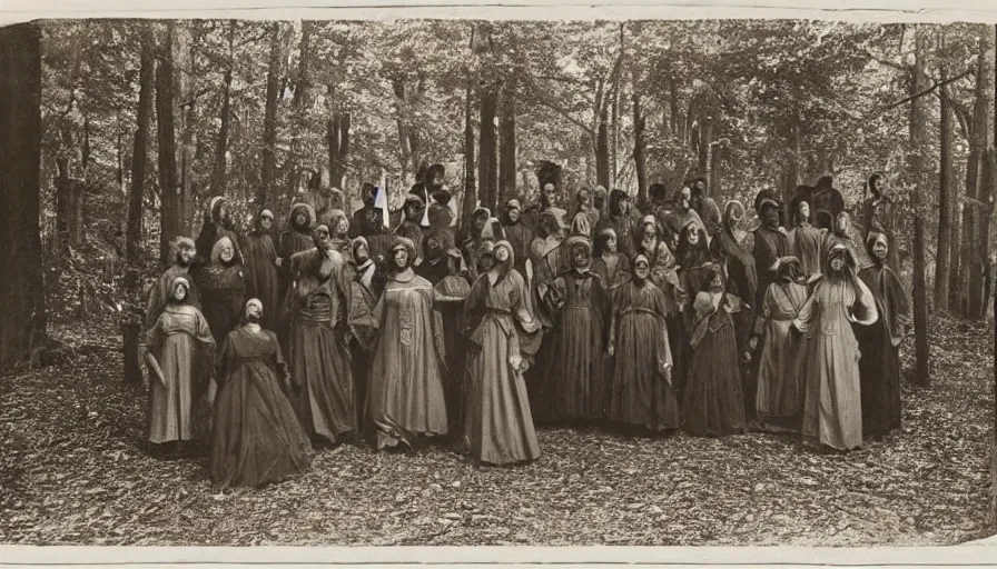 Image similar to photo of group 19th century cult cultists in the dark forest by Diane Arbus and Louis Daguerre