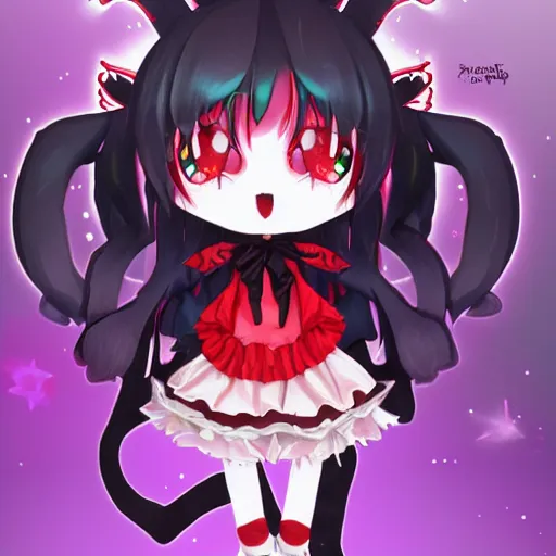 Image similar to cute fumo plush of a void imp who crawled out a hole in reality, anime girl, black and red, green ribbon and heart, ruffled and tattered dress, symmetry, gothic, melting crayons, glow, vray, vantablack