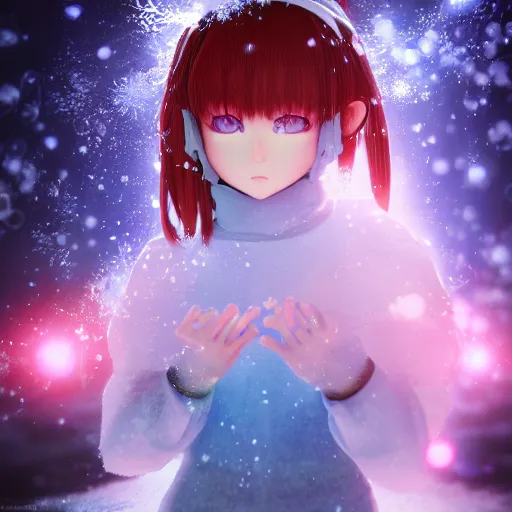 Image similar to photorealistic full shot of masterpiece anime girl, beautifull lovely eyes, posing, electric aura with particles, snowing frozen ice, darkness background, inspired by masami kurumada, akira toriyama, detailed, unreal engine 4 k, volumetric light, fog