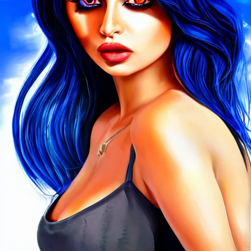 Prompt: portait of haifa wehbe, perfect lips, long hair blue centred, hd, very detailed curve, digital painting, art painting, unreal engine, final fantasy style, amazing red orange background theme