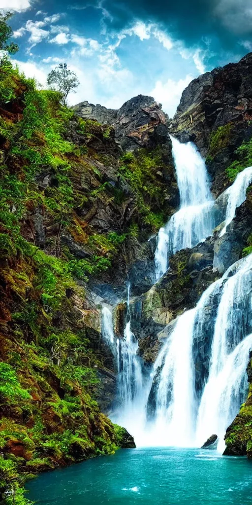 Image similar to a beautiful alien landscape, mountains, waterfalls