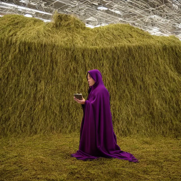 Prompt: a woman wearing a cloak made of grass, in a planet fitness, color photograph, by jan van eyck, canon eos c 3 0 0, ƒ 1. 8, 3 5 mm, 8 k, medium - format print