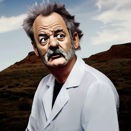 Image similar to !dream the roll of Rick Sanchez will be played by Bill Murray, spikey hair, white lab coat, photography