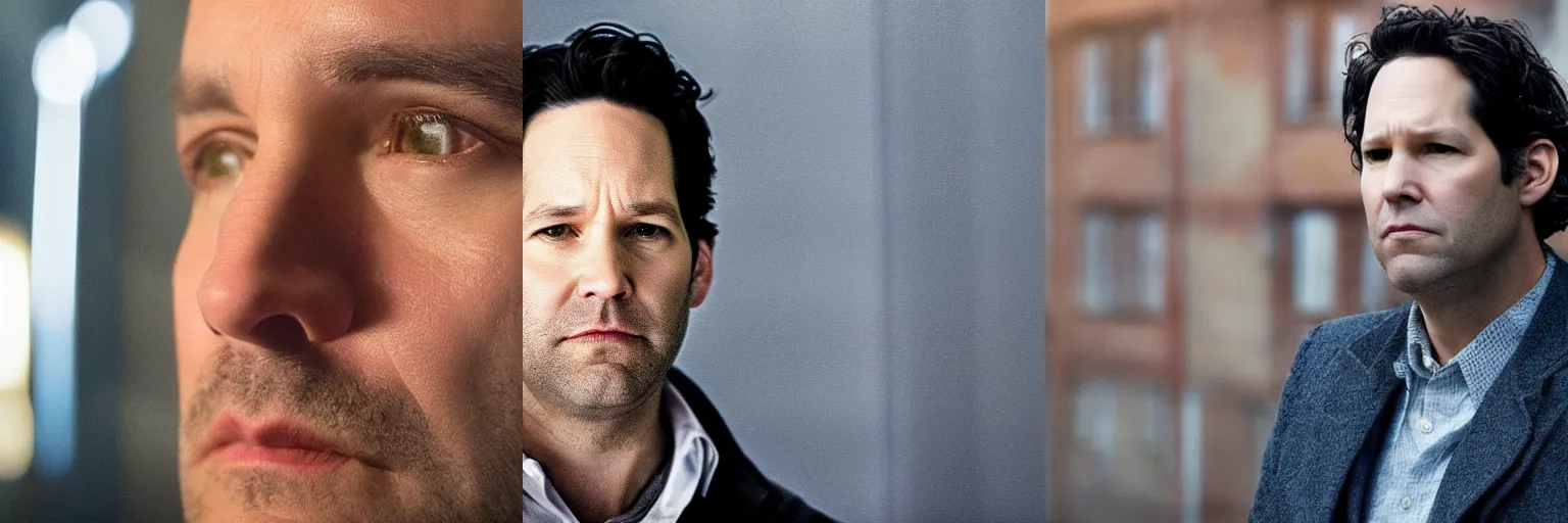 Prompt: close-up of Paul Rudd as a detective in a movie directed by Christopher Nolan, movie still frame, promotional image, imax 70 mm footage