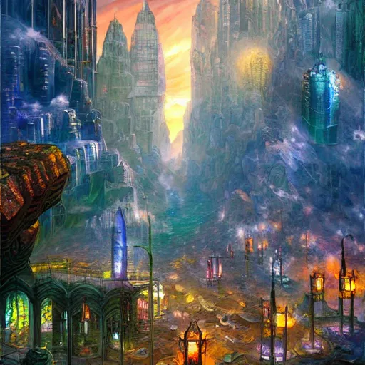 Image similar to gemstone crystal city, city made of bismuth cryengine render by android jones, james christensen, rob gonsalves, leonid afremov and tim white