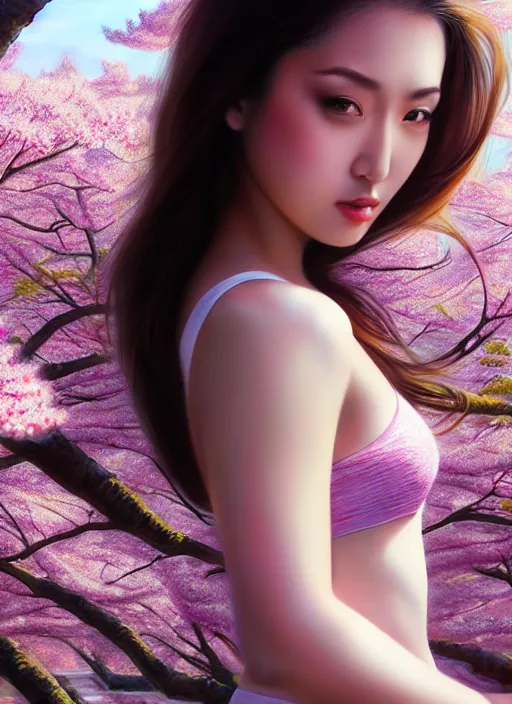 Image similar to photo of a gorgeous female in the style of stefan kostic, realistic, half body shot, sharp focus, 8 k high definition, insanely detailed, intricate, elegant, art by stanley lau and artgerm, extreme blur cherry blossoms background